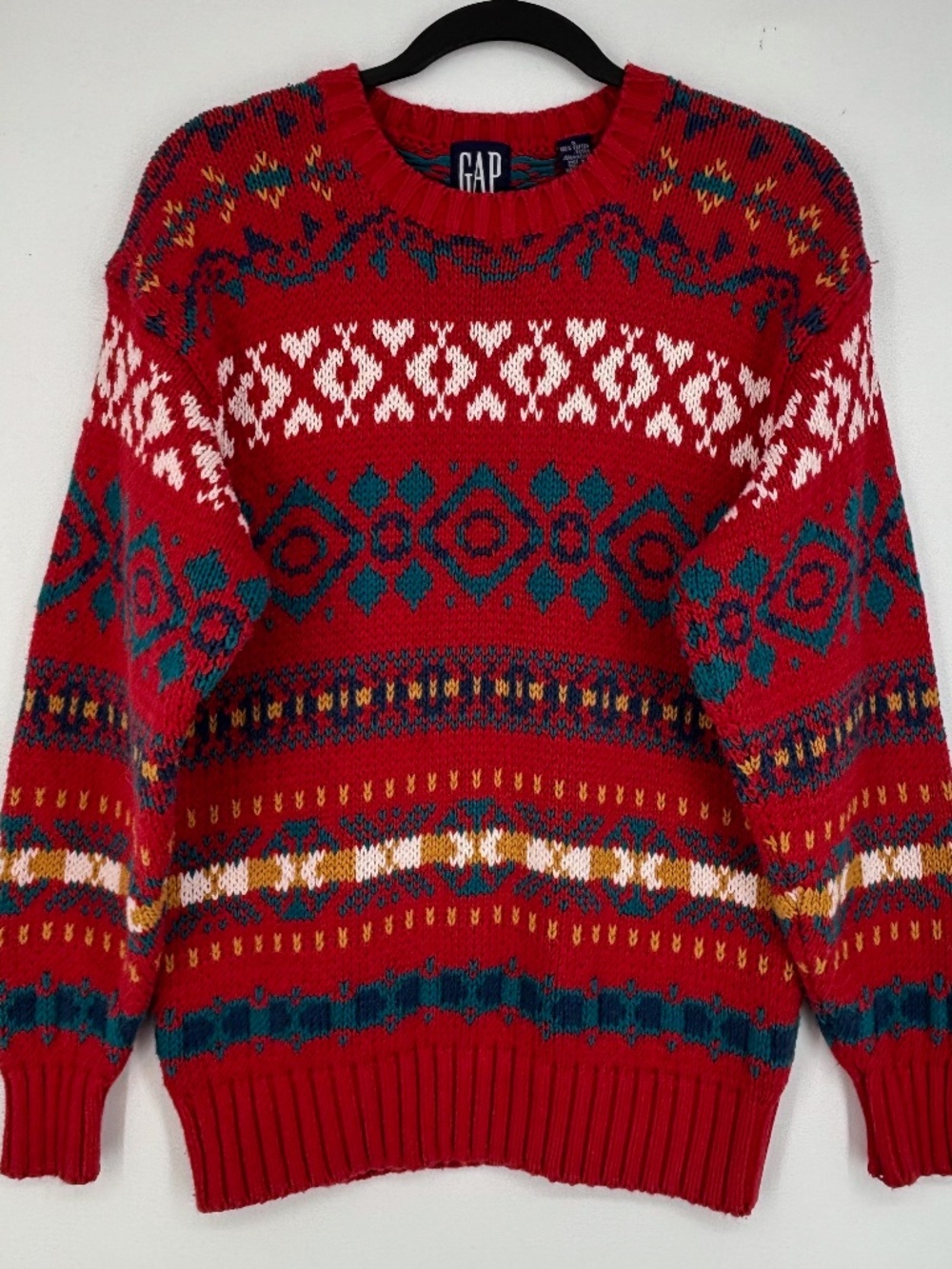 Vintage Gap Womens Small Pullover Sweater Red Blue Fair Isle Thick Heavy Cotton